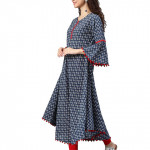 Women's Cambric Cotton Printed Mirror Work A-Line Kurta (Blue)