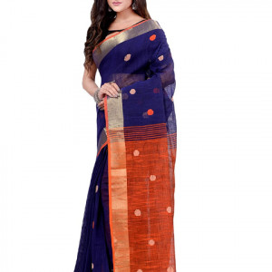 Womens Pure Cotton Traditional Bengali Tant Handloom Cotton Saree Round Desigined With Blouse Piece