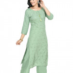 Women Green Cotton Kurti Pant Set