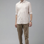 Men Beige & White Original Slim Fit Striped Pure Cotton Casual Shirt