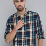 Men Navy Blue & Beige Slim Fit Checked Pure Cotton Formal Shirt